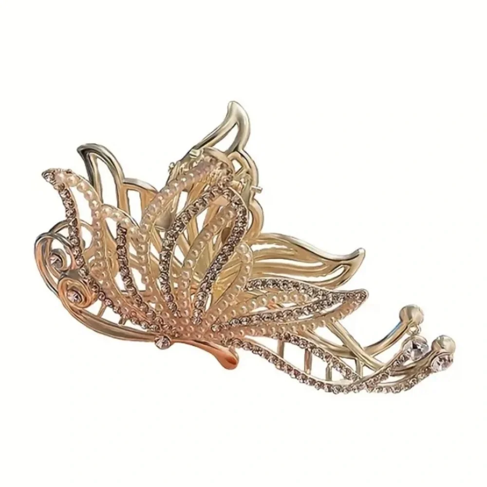 Gold Pearl Rhinestone Butterfly Hair Claw Hair Accessory